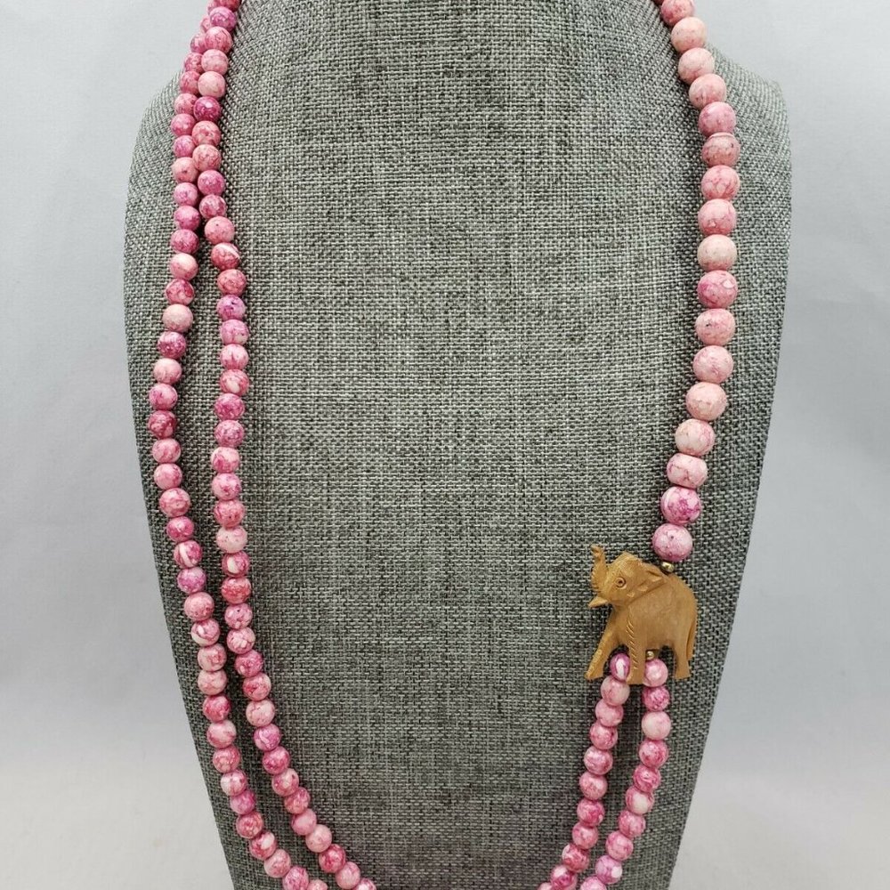 Pink Stone Beads Carved Wooden Elephant Necklace